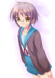  amei_sumeru blue_sailor_collar blue_skirt cardigan female glasses kita_high_school_uniform long_sleeves nagato_yuki sailor_collar school_uniform serafuku short_hair skirt solo suzumiya_haruhi_no_yuuutsu winter_uniform 