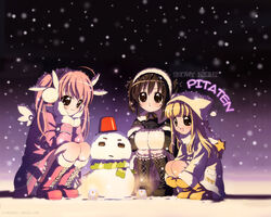  3girls angel black_hair blonde_hair blush body_blush boots candle copyright_name demon demon_girl hair_ornament hat long_hair long_sleeves misha_(pita_ten) mittens multiple_girls official_art pink_hair pita_ten rabbit_hair_ornament sakai_kyuuta shia_(pita_ten) smile snow snowing snowman squatting third-party_edit twintails uematsu_koboshi wings winter_clothes 