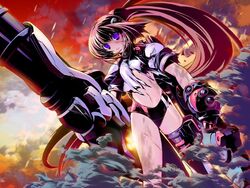  blood buruma cloud ein_(long_cake) female gadget_trial gym_uniform injury izen_(gadget_trial) long_hair mecha_musume midriff ponytail purple_eyes purple_hair sky solo sunset torn_clothes very_long_hair 