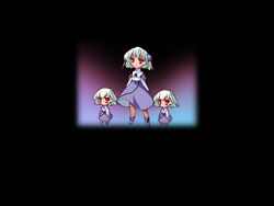  3girls chibi chibi_only clone dark ein_(long_cake) full_body gadget_trial green_hair hisoka_(gadget_trial) long_sleeves looking_at_viewer multiple_girls non-web_source red_eyes short_hair skirt standing 