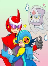  &gt;_&lt; 2boys artist_request blue_fire blue_hair blue_helmet blush closed_eyes cross_print fire floating ghost goggles gradient_background green_background hat heart helmet hug long_hair lowres male_focus mega_man_(series) mega_man_battle_network_(series) megaman.exe multiple_boys netnavi protoman.exe red_background red_helmet simple_background spiked_hair spooky_(mega_man) star_(symbol) tears uniform upper_body veil virus_(mega_man) white_hair wince 