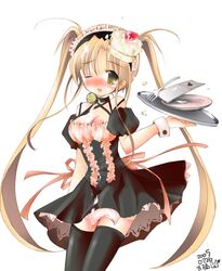  2005 amafuku_amane blonde_hair blush cake copyright_request female food fork long_hair solo thighhighs tray twintails very_long_hair waitress 