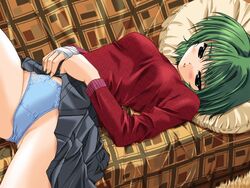  blue_panties clothes_lift comic_party female game_cg green_eyes green_hair long_sleeves lying miniskirt mitsumi_misato on_back ooba_eimi panties pantyshot pillow pleated_skirt skirt skirt_lift solo turtleneck underwear 