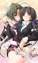  2girls ahoge black_hair blush collared_shirt floral_background flower frown fur-trimmed_shirt fur_trim grey_eyes grey_hair hair_intakes hair_ribbon holding_another&#039;s_wrist hug imageboard_desourced imminent_kiss jewelry kissing kurosu_kanata lace lily_(flower) long_hair long_sleeves matsuo_yukihiro memories_off memories_off_sorekara multiple_girls necklace non-web_source open_mouth ribbon school_uniform shirakawa_hotaru shirt short_hair skirt twintails very_long_hair white_flower white_lily wince yellow_flower yuri 