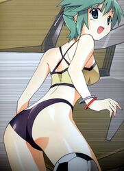  ass back ball bare_shoulders bikini bracelet elnie_tachibana female green_eyes green_hair hair_ribbon happy highres jewelry jinki looking_back open_mouth ribbon short_hair soccer soccer_ball solo swimsuit telstar tsunashima_shirou 