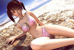  3d bikini day female flear incise_soul m-rs ocean outdoors pink_bikini rock solo striped_bikini striped_clothes swimsuit 