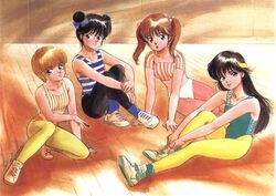  1980s_(style) 4girls ayukawa_madoka black_hair blonde_hair brown_hair glasses hiyama_hikaru kasuga_kurumi kasuga_manami kimagure_orange_road leotard mole mole_under_eye multiple_girls pantyhose retro_artstyle takada_akemi twintails yellow_pantyhose 