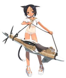  animal_ears black_eyes black_hair blush bow bow_panties cat_ears cat_tail female furiata grey_panties konami_mecha_musume no_pants one-piece_tan panties propeller regia_aeronautica sandals school_uniform serafuku shimada_fumikane short_hair solo standing striped_clothes striped_panties tail tan tanlines underwear wet 