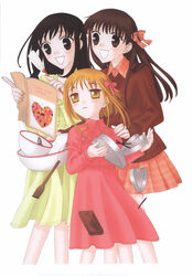  3girls absurdres black_eyes black_hair book bowl brown_hair chocolate dress fruits_basket hair_ribbon highres honda_tohru long_hair long_sleeves multiple_girls official_art orange_eyes orange_hair photoshop_(medium) ribbon short_hair skirt souma_kagura souma_kisa takaya_natsuki 