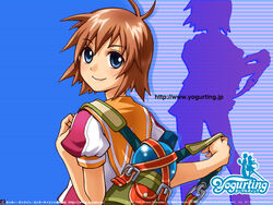  anna_(yogurting) antenna_hair artist_request backpack bag blue_background blue_eyes blush brown_hair closed_mouth copyright_name dated female highres logo looking_at_viewer looking_back orange_sailor_collar puffy_short_sleeves puffy_sleeves sailor_collar shirt short_hair short_sleeves smile solo source_request striped striped_background translation_request watermark web_address yogurting 