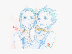  2girls collar dual_persona eureka_(eureka_seven) eureka_seven eureka_seven_(series) green_hair hair_ornament hairclip happy long_sleeves multiple_girls official_art pale_color purple_eyes yoshida_ken&#039;ichi 