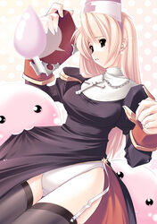  :3 assisted_exposure black_dress black_thighhighs book clothes_lift cross dress dress_lift female highres jian latin_cross long_sleeves nun panties poring priest priest_(ragnarok_online) ragnarok_online solo thighhighs underwear white_panties 