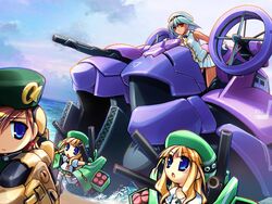  4girls blue_eyes character_request ein_(long_cake) gadget_trial green_theme hat hisoka_(gadget_trial) mecha_musume multiple_girls nei_(gadget_trial) water yu-ri_(gadget_trial) 