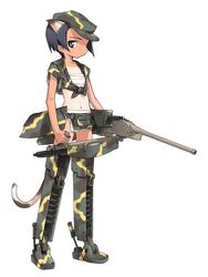  animal_ears backpack bag black_hair camouflage camouflage_headwear cannon cat_ears cat_tail character_request crop_top fanny_pack female flat_chest front-tie_top fundoshi grey_eyes gun hat holding imperial_japanese_army japanese_clothes konami_mecha_musume looking_at_viewer looking_back machine_gun mecha_musume midriff military military_vehicle motor_vehicle navel one-piece_tan open_clothes open_shirt profile sarashi shimada_fumikane shirt short_hair simple_background solo standing tail tan tank tanlines tied_shirt type_95_ha-gou weapon world_war_ii 