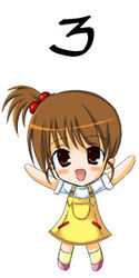  :d arms_up blush brown_eyes brown_hair chibi dress female hair_bobbles hair_ornament kyon&#039;s_sister looking_at_viewer lowres one_side_up open_mouth pink_footwear shima-shuu shirt shoes short_hair short_sleeves side_ponytail simple_background smile solo suzumiya_haruhi_no_yuuutsu two-tone_footwear webcounter white_background white_shirt yellow_dress yellow_footwear 