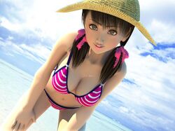  3d beach bikini day female flear hat incise_soul m-rs ocean outdoors pink_bikini solo striped_bikini striped_clothes sun_hat swimsuit 