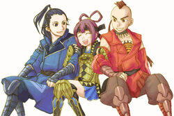  2boys arm_grab armor asagi_(corriente) black_hair brown_hair closed_eyes coat detached_sleeves female gensou_suikoden gensou_suikoden_v grin happy miakis_(suikoden) miniskirt mohawk multiple_boys overcoat pants pelt ponytail purple_hair rahal_(suikoden) roog_(suikoden) short_hair simple_background sitting skirt smile 