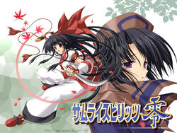  2girls :o black_hair blue_eyes bow detached_sleeves full_body hairband hat highres holding holding_sword holding_weapon japanese_clothes long_sleeves looking_at_viewer multiple_girls nakoruru parted_lips purple_eyes red_bow red_footwear rera samurai_spirits scabbard scarf sheath shoelaces shoes sword tenmu_shinryuusai weapon 