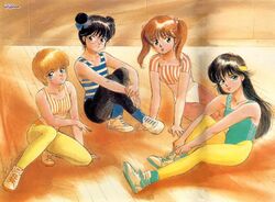  1980s_(style) 4girls ayukawa_madoka black_hair blonde_hair brown_hair hiyama_hikaru kasuga_kurumi kasuga_manami kimagure_orange_road leotard mole mole_under_eye multiple_girls pantyhose retro_artstyle takada_akemi watermark yellow_pantyhose 