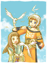  1boy animal_on_arm asagi_(corriente) bird bird_on_arm blunt_bangs braid brother_and_sister brown_hair cloud collarbone day detached_sleeves dove female floating_hair flock freyjadour_falenas gensou_suikoden gensou_suikoden_v height_difference long_sleeves lymsleia_falenas sash siblings sky smile white_hair 