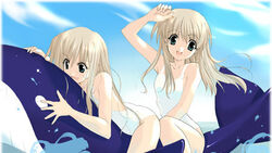  2girls blonde_hair casual_one-piece_swimsuit day dolphin futakoi inflatable_toy inflatable_whale long_hair lowres multiple_girls one-piece_swimsuit photoshop_(medium) sasaki_mutsumi shirogane_sara shirogane_souju siblings sisters swimsuit twins 