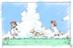  1boy :d animal baseball_cap blue_eyes blue_sky blush brown_hair canine choker clenched_teeth cloud day dog_lead dress female flower grass hat iuro light_rays open_mouth original outdoors running shoes short_hair shorts sky smile sneakers socks sunlight sweatdrop teeth white_dress white_socks 