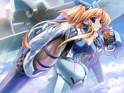  blonde_hair blue_eyes breasts choker cleavage cloud drink ein_(long_cake) female gadget_trial large_breasts long_hair mecha_musume non-web_source sky solo souka_(gadget_trial) 