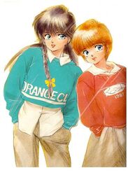  1980s_(style) 2girls ayukawa_madoka black_hair blue_eyes braid hiyama_hikaru kimagure_orange_road long_hair long_sleeves mole mole_under_eye multiple_girls orange_hair retro_artstyle ribbon short_hair takada_akemi 