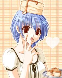  :d bisuke-tan blouse blue_hair female food food_on_hand food_on_head honey kfc looking_at_viewer object_on_head open_mouth orange_eyes pancake plaid plaid_background plate shirt short_sleeves simple_background smile solo upper_body ywaka 