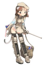  animal_ears beret between_breasts black_eyes black_thighhighs blouse blush breasts brown_hair cat_ears cat_tail character_request dress_shirt female gift gun hat konami_mecha_musume leaning_forward long_sleeves lowleg lowleg_panties mecha_musume military necktie no_pants panties shimada_fumikane shirt short_hair solo standing tail thighhighs underwear union_jack united_kingdom valentine valentine_(tank) weapon white_panties world_war_ii 