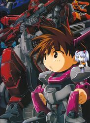  1boy aestivalis armor blue_hair brown_hair cannon chibi chibi_only female gun holding holding_gun holding_weapon hoshino_ruri kidou_senkan_nadesico machinery mecha mecha_danshi official_art on_shoulder robot scan short_hair sitting tenkawa_akito two_side_up weapon 