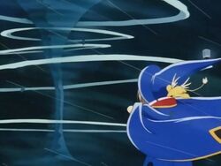  1990s_(style) anime_screenshot blue_hat cardcaptor_sakura clow_card female hat kero_(cardcaptor_sakura) kinomoto_sakura retro_artstyle solo_focus storm storm_(clow_card) 