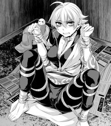  1girls ahoge barefoot blush bondage bound canon_genderswap chokukame cleavage clenched_teeth embarrassed female female_only full_body fully_clothed genderswap_(mtf) ginko_sakata gintama gintoki_sakata justaway looking_at_viewer monochrome nervous restrained rope rope_bondage rule_63 short_hair sitting solo spread_legs sweat tomboy very_short_hair 