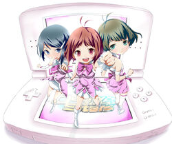  1boy 2girls akizuki_ryo bad_id bad_pixiv_id blush crossdressing cute_&amp;_girly_(idolmaster) dearly_stars_(idolmaster) handheld_game_console hidaka_ai idolmaster idolmaster_dearly_stars mizutani_eri multiple_girls nintendo_ds open_mouth otoko_no_ko pink_wrist_cuffs product_placement smile wrist_cuffs yukipone 