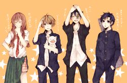  3boys ayabe_reito black_hair boxers brown_hair cellphone_charm charm_(object) commentary_request crossdressing female gakuran guitar_case instrument_case kangawa_kouhei kappa kurosaki_mafuyu long_hair male_underwear mole multiple_boys necktie oresama_teacher otoko_no_ko reverse_trap rian_(usamin228) sakurada_asahi school_uniform stuffed_animal stuffed_toy underwear 