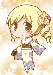  bag blonde_hair blush chibi commentary_request drill_hair female floral_print flower gerotan hair_flower hair_ornament halftone handbag japanese_clothes kimono mahou_shoujo_madoka_magica mahou_shoujo_madoka_magica_(anime) partial_commentary smile solo tomoe_mami twin_drills twintails yellow_eyes 