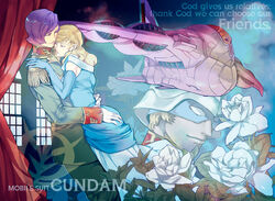  2boys aircraft airplane bad_id bad_pixiv_id blonde_hair char_aznable closed_eyes couple curtains dress epaulettes female flower garma_zabi gundam helmet hug icelina_eschonbach long_hair military military_uniform mobile_suit_gundam multiple_boys purple_hair rose short_hair snj straight uniform white_flower white_rose zeon 