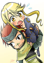  1boy blonde_hair breasts carrying chibi female kasuga navel ninja open_mouth sarutobi_sasuke sarutobi_sasuke_(sengoku_basara) sengoku_basara sweat tongue 