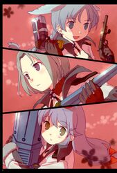  3girls absurdres blue_eyes blue_hair blush bow braid braided_ponytail brown_eyes brown_gloves collared_shirt dual_wielding epaulettes furu gatling_gun gloves green_hair gun gunslinger_(ragnarok_online) hair_between_eyes hairbow handgun head_wings highres holding long_hair looking_at_viewer looking_to_the_side low-tied_long_hair minigun multiple_girls open_mouth page_number parted_lips purple_eyes ragnarok_online red_bow revolver scan shirt short_hair shotgun weapon white_shirt wings 