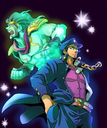  2boys blue_hair chains colored_skin commentary_request gakuran green_hair green_skin hat jojo_no_kimyou_na_bouken kamihitoe kujo_jotaro long_coat multiple_boys school_uniform stand_(jojo) star_platinum 