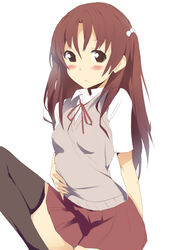  :&lt; black_thighhighs blush brown_eyes brown_hair collared_shirt commentary_request cowboy_shot female hair_bobbles hair_ornament hand_on_another&#039;s_stomach highres long_hair looking_at_viewer md5_mismatch minami-ke resolution_mismatch ribbon school_uniform shirt simple_background solo source_smaller sweater_vest tareme thighhighs thu two_side_up uchida_yuka white_background 