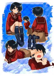  &gt;_&lt; ass belt black_eyes black_hair blush boots commentary_request cross-laced_footwear female hand_in_own_hair highres kantai_collection kneehighs lace-up_boots looking_at_viewer lying midriff mogami_(kancolle) on_stomach school_uniform serafuku short_hair shorts smile socks the_pose tomboy yugami_gooshu 