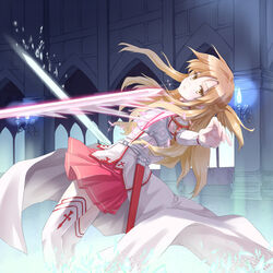  arched_back armor asuna_(sao) battle breastplate brown_hair commentary_request cuts dying energy female glowing glowing_sword glowing_weapon hadi highres holding holding_sword holding_weapon indoors injury knights_of_blood_uniform_(sao) lambent_light liberator_(sao) long_hair looking_at_viewer pleated_skirt reaching reaching_towards_viewer red_skirt scene_reference sheath skirt solo sword sword_art_online thighhighs unsheathed weapon white_thighhighs yellow_eyes 