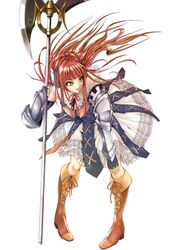  armor boots commentary_request female gauntlets green_eyes halberd highres kininaljaguar long_hair polearm primiera_(saga) red_hair saga saga_frontier_2 solo weapon 