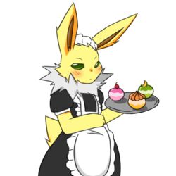  1:1 alpha_channel ambiguous_gender anthro anthrofied blush clothing costume eeveelution fluffy_mane fur generation_1_pokemon jetta_the_jolteon jolteon maid_uniform mammal mane miau neck_tuft nintendo poke_puff pokemon pokemon_(species) pokemorph simple_background solo transparent_background tuft uniform white_mane yellow_body yellow_fur 