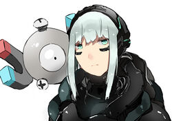  aqua_eyes blame! cibo commentary_request crossover cyberpunk cyborg expressionless female highres long_hair looking_at_viewer magnemite magnet orihika pokemon pokemon_(creature) pokemon_rgby screw sidelocks white_background white_hair 