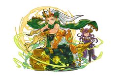  2girls blonde_hair blush cape green_eyes headdress hino_shinnosuke jewelry loki_(p&amp;d) lots_of_jewelry mjolnir multiple_girls muscle official_art one_eye_closed purple_eyes purple_hair puzzle_&amp;_dragons rule_63 smile thor_(p&amp;d) 