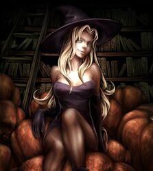  bare_shoulders blonde_hair book breasts commentary_request covered_nipples curvy dark deneb_rove elbow_gloves female gloves hat legs library lips long_hair medium_breasts nabe_(crow&#039;s_head) naughty_face pantyhose pumpkin sitting solo tactics_ogre witch_hat 