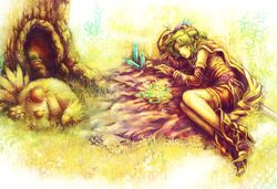  bad_id bad_pixiv_id boots bottle cape chocobo commentary_request detached_sleeves female fetal_position field final_fantasy final_fantasy_vi flower green_hair lying mog moogle nanase_shie pantyhose photoshop_(medium) potion purple_eyes sleeping sword terra_branford tree tree_hollow weapon 