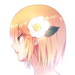  1boy bad_id bad_pixiv_id bei1997 blonde_hair bob_cut camellia close-up eyebrows flower from_side hair_flower hair_ornament hunter_x_hunter kurapika leaf male_focus parted_lips profile simple_background solo white_background white_flower yellow_eyes 